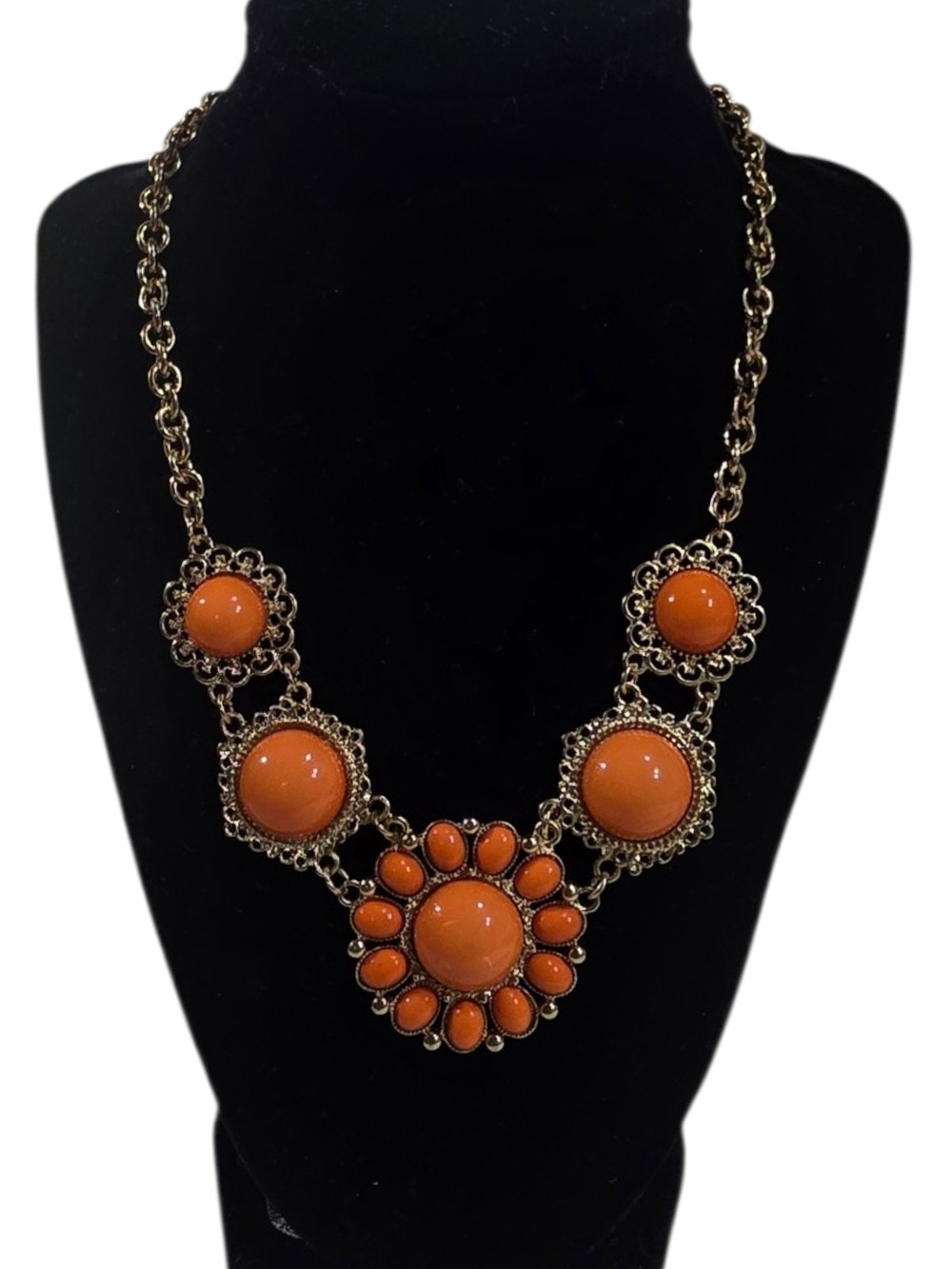 Orange Cabochon Floral Bib Statement Necklace Gold Tone 16 Inch